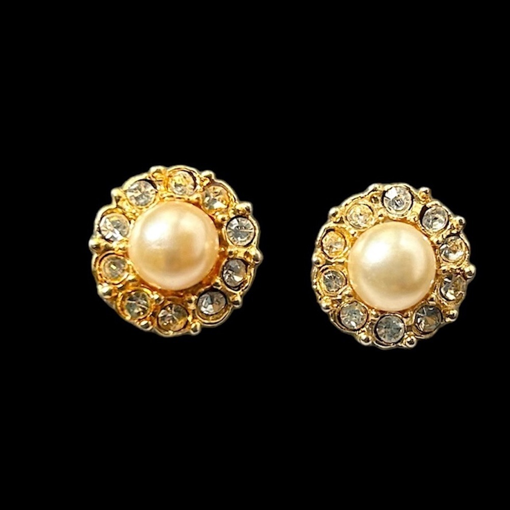 VINTAGE Faux Pearl Gold Tone Cabochon Rhinestone Pierced Post Costume Earrings
